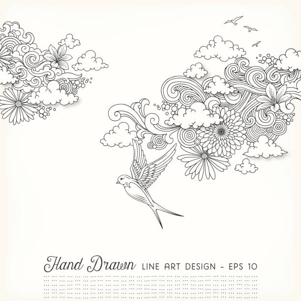Swirly Floral Line Art Doodles Hand drawn doodle design with flowers,swirls,clouds and birds.EPS 10 file with transparencies.File is layered and global colors used.Hi res jpeg without text included.More works like this linked below. swallow bird illustrations stock illustrations