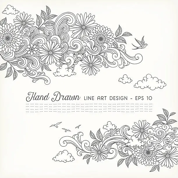 Vector illustration of Swirly Floral Line Art Doodles