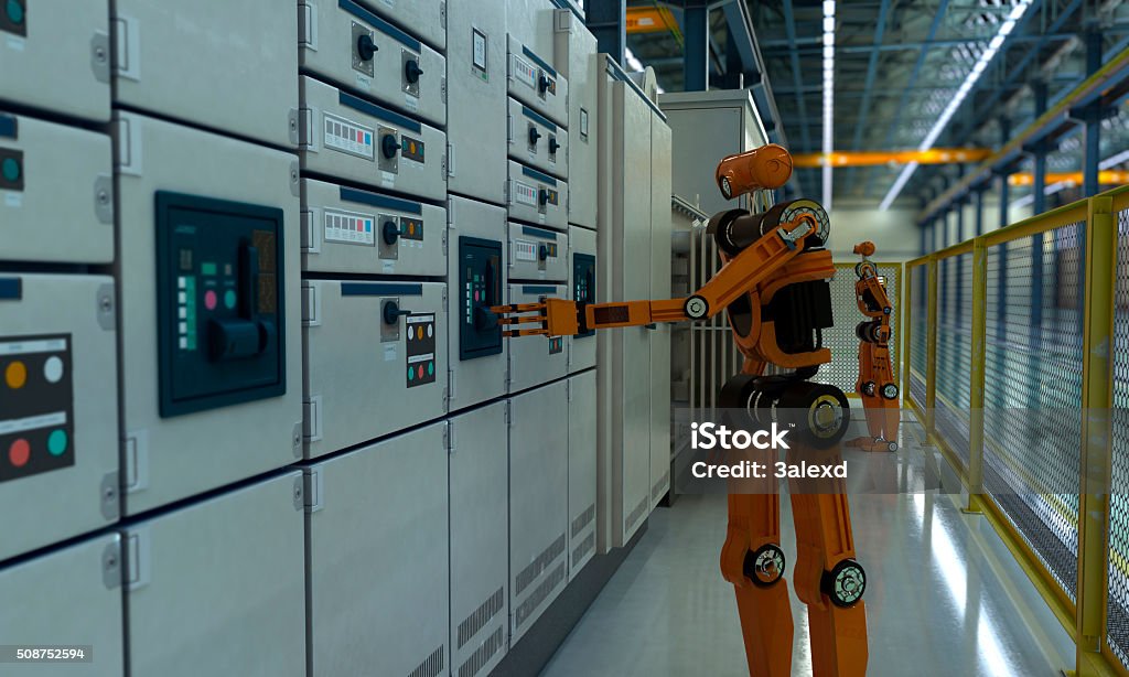 Factory of Future 3D illustration of robots. Robot Stock Photo