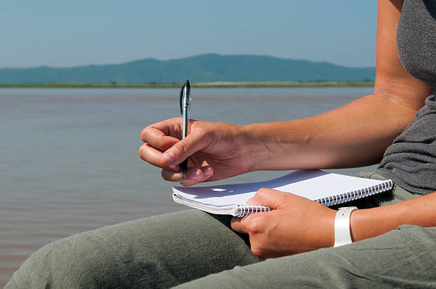 istock Young woman traveler writing in notebook 508753664