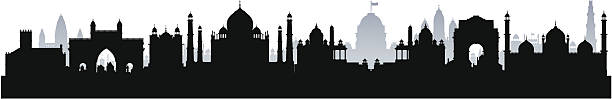 India (Complete, Moveable Buildings) City of Indian monuments. Each building is separate, complete and highly detailed. Includes (from left to right), Basilica of Bom Jesus (Goa), Virupakasha Temple (Hampi), Gateway to India (Mumbai), Golden Temple (Amritsar), Taj Mahal (Agra), the Secretariats (New Delhi), the Presidential Palace (New Delhi), Lakshmi Temple (New Delhi), India Gate (New Delhi), the Red Fort (Delhi), Jama Masjid (Delhi), Qutub Minar (Delhi), and a few generic buildings throughout the image. qutub minar stock illustrations