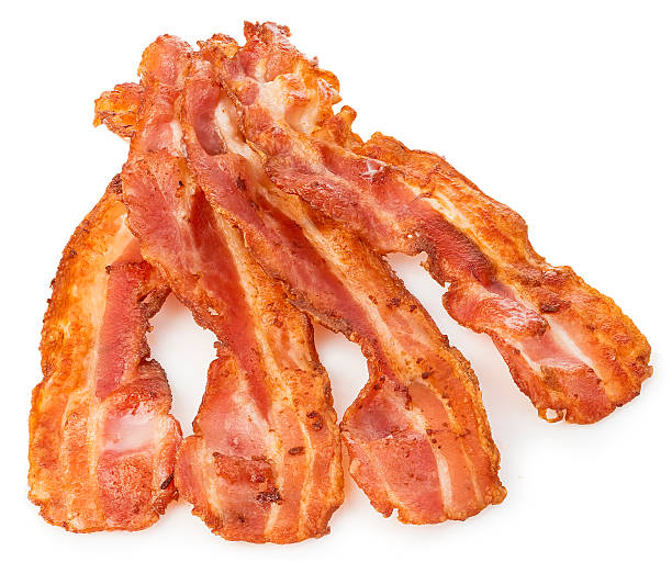 istock Cooked bacon rashers close-up isolated on a white background. 508754940