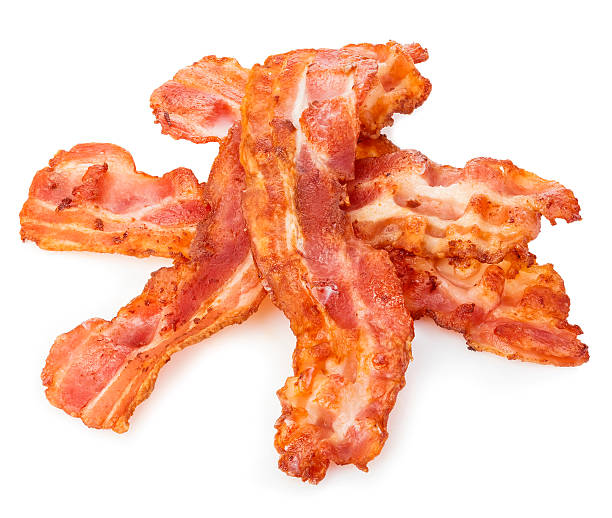 istock Cooked bacon rashers close-up isolated on a white background. 508755012