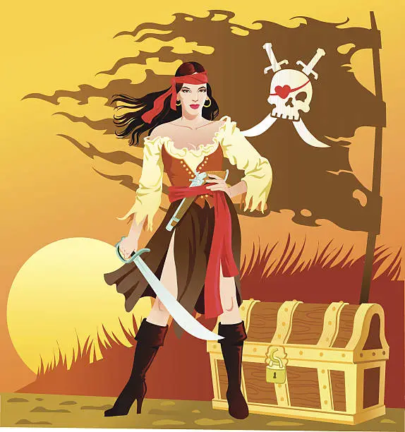 Vector illustration of pirate lady and treasure chest
