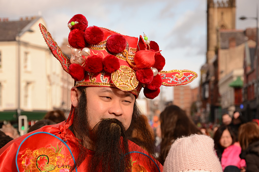 Liverpool, England - February 7, 2016: Liverpool Chinese New Year.  Symbol of the the year the Monkey.  The lucky man