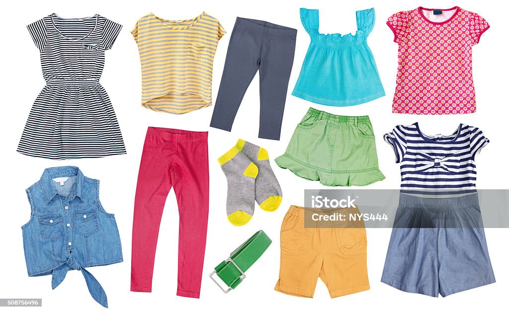 Child Girl Cotton Bright Summer Clothes Set Collage Isolated Stock Photo -  Download Image Now - iStock