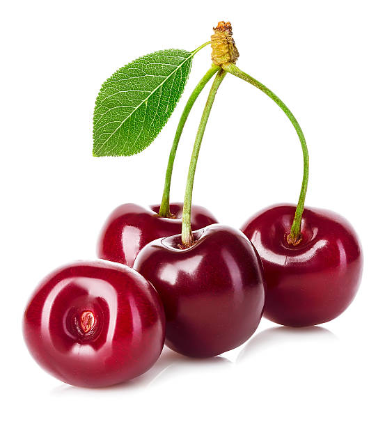 istock Juicy cherry with leaf close-up on a white background. 508757482