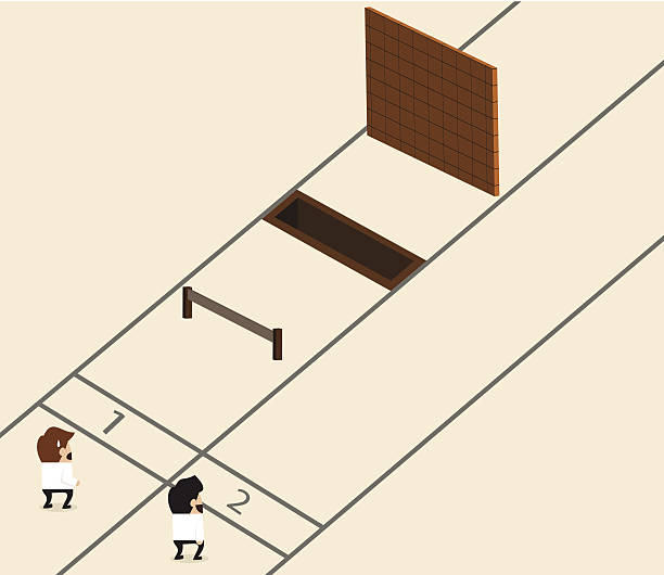 ilustraciones, imágenes clip art, dibujos animados e iconos de stock de hombre de negocios con un obstáculo en la pista - businessman starting block business sport