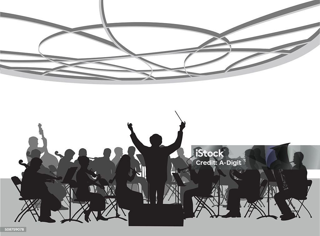 Concert Hall Orchestra Illustration A vector silhouette illustration of an orchestra performing in a concert hall below an ornate roofing design.  A conductor has his arms raised with a baton. Orchestra stock vector