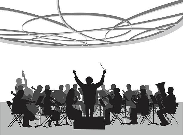 Concert Hall Orchestra Illustration A vector silhouette illustration of an orchestra performing in a concert hall below an ornate roofing design.  A conductor has his arms raised with a baton. classical orchestral music stock illustrations