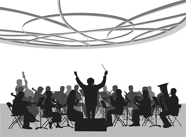 Concert Hall Orchestra Illustration A vector silhouette illustration of an orchestra performing in a concert hall below an ornate roofing design. A conductor has his arms raised with a baton. conductor baton stock illustrations