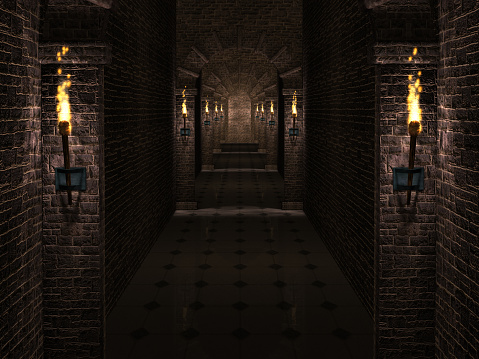 Dark medieval castle corridor with columns and torches.