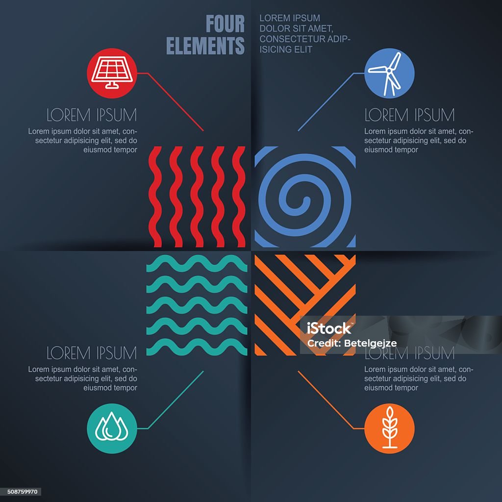 Vector infographics template. Four elements illustration and ecology icons. Vector infographics template. Four elements illustration and environmental, ecology icons on black background. Concept for business, renewable and alternative energy, synergy, save earth day, travel. Nature stock vector