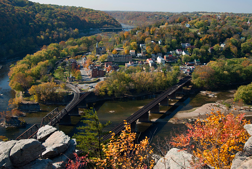 Harpers Ferry, WV in the Fall; taken from Maryland Heights looking down on the city and the confluence of the Shenandoah and Potomac Rivers.