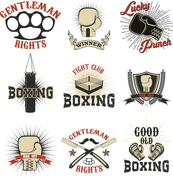 ilustraciones, imágenes clip art, dibujos animados e iconos de stock de conjunto de boxeo el club etiquetas, emblemas y elementos de diseño - boxing ring combative sport fighting conflict