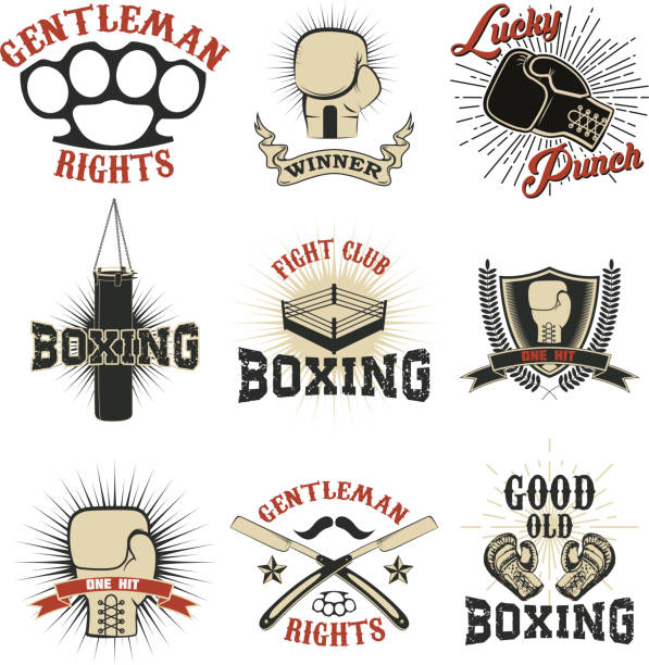 のセットボクシングクラブのラベル、エンブレムが自慢、デザイン要素 - boxing ring combative sport fighting conflict点のイラスト素材／クリップアート素材／マンガ素材／アイコン素材