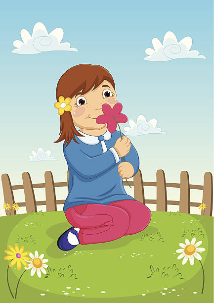 ilustraciones, imágenes clip art, dibujos animados e iconos de stock de girl oler las flores de ilustración vectorial - plan flower arrangement single flower blue