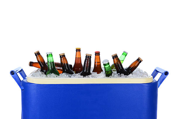 ice torace piena di bottiglie di birra - cooler foto e immagini stock