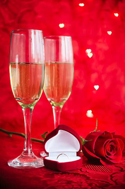istock Valentines day background with champagne, ring and rose 508788706