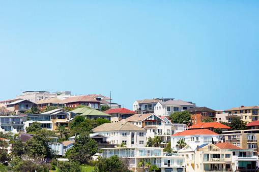 Beautiful coastal town Bondi, suburb of Sydney Australia, full frame horizontal composition with copy space