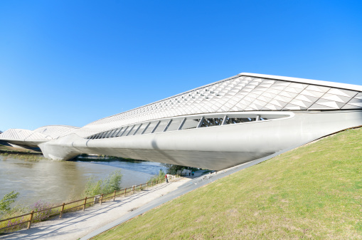 Zaragoza, Spain - May 16, 2013 : Bridge Pavilion in Zaragoza on 16, May 2013. It is an innovative 280-metre-long covered bridge, was built in 2008 for the international EXPO
