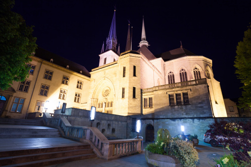 Night view of Notre-Dame Cathedral from inner yard in Luxembourg