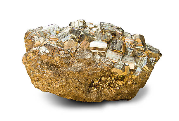 Pyrite mineral specimen isolated on white background, close-up studio shot