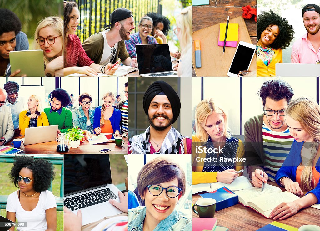 Diversity College Student Digital Devices Teamwork Concept ***NOTE TO INSPECTOR: All models in this image have signed model releases. Some models have been duplicated more than once.*** Adult Stock Photo