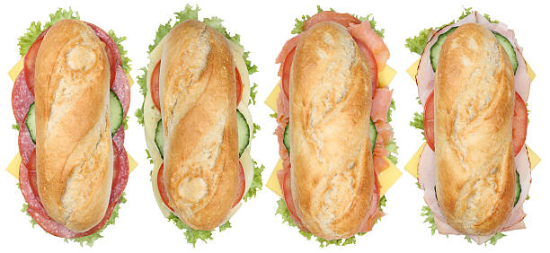 sammlung von sub sandwiches mit salami, baguette mit schinken und käse - sandwich submarine sandwich ham bun stock-fotos und bilder