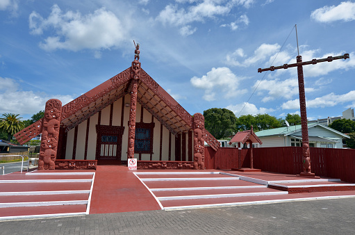 Rotorua, New Zealand - January 12, 2015: Te Papaiouru Marae, Rotorua, New Zealand. It's one of the most important meeting houses in New Zeland many significant people have been welcomed onto Te Papaiouru Marae, including British royalty.