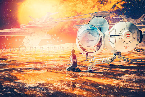istock Alien planet with robots, drones and background city hive 508795774