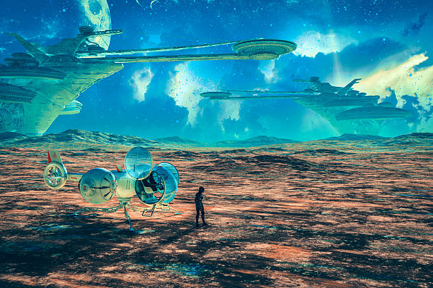 istock Alien planet with robots, drones and background city hive 508795790