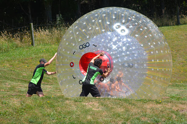 OGO Zorbing Rotorua - New Zealand Rotorua, New Zealand - January 18, 2015: Visitors ride in a ball rolling OGO Zorbing Rotorua. OGO Rotorua is now the only ball rolling operation in New Zealand to be Adventure Activity Safety Audit Certified. zorbing stock pictures, royalty-free photos & images