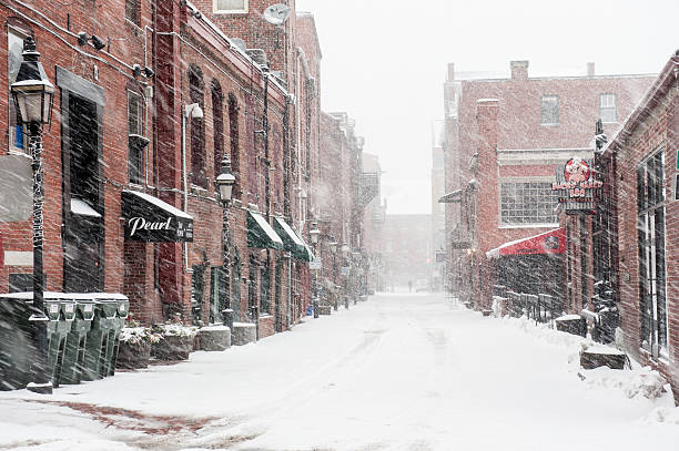 Historic Old Port in Portland, Maine during a snow storm stock photo