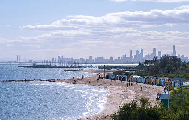 Photo of Brighton beach landscape in Melbourne, Australia.