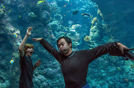 Boy and man acting like fish in front of fish tank.