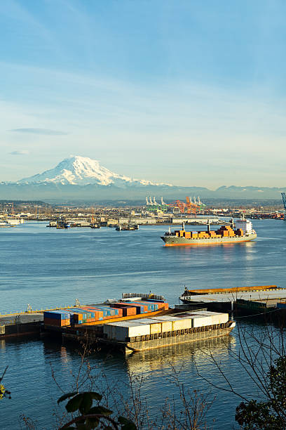Port of Tacoma With Mount Rainier In Background stock photo