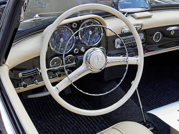 Nuremberg, Germany - August 8, 2014: detailed view of dashboard of an old Mercedes 190 SL classic car with white steering wheel and control instruments.