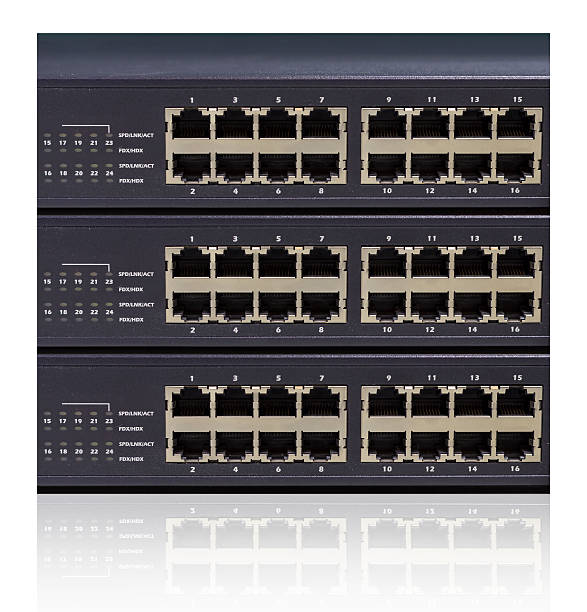 istock stact of Network switch with 16 ports on white background 508816805