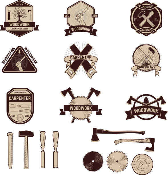 ilustraciones, imágenes clip art, dibujos animados e iconos de stock de conjunto de la carpintería etiquetas y emblemas. carpinterías de madera - axe