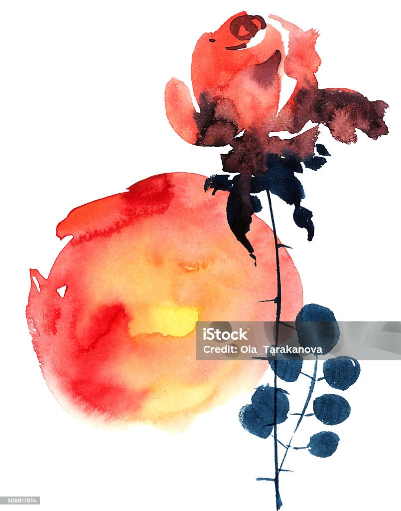 Rose Red rose. Watercolor illustration for greeting card or invitation. Sumi-e, u-sin style. Art stock illustration