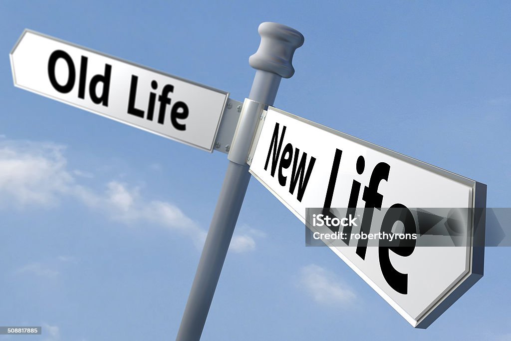 new life a sign post of changing to a new way of life Arrow Symbol Stock Photo