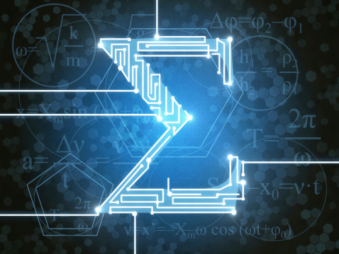 Abstract 3D illustration. Mathematical symbol sigma as a chip with electronic tracks on a blue background.