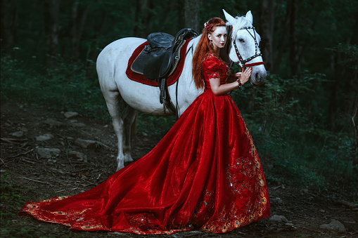 Princess in red dress dress with horse in forest