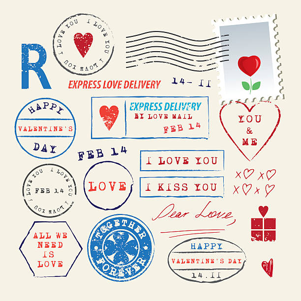 illustrations, cliparts, dessins animés et icônes de mariage et le jour de la saint-valentin série de timbres. symboles de l'amour - air mail