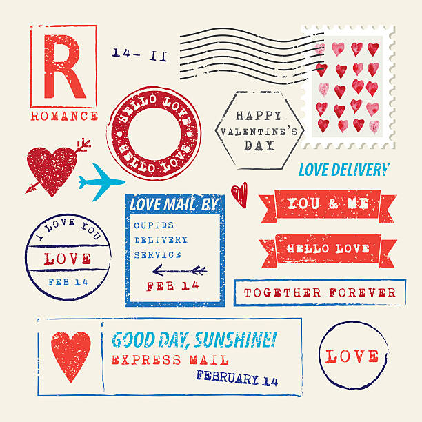 свадьбы и день святого валентина's день штамп набор. любовь символы - mail postage stamp postmark envelope stock illustrations