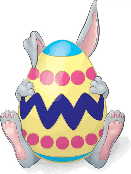 Vector illustration of Gray Rabbit Hiding Behind Easter Egg