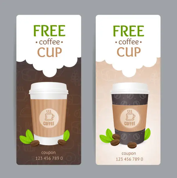 Vector illustration of Coffee Coupon Set. Free Cup. Vector