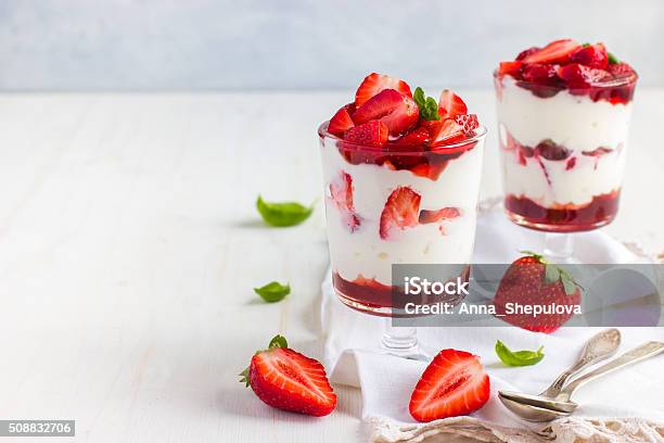 Dessert With Fresh Strawberry Cream Cheese And Strawberry Jam Stock Photo - Download Image Now