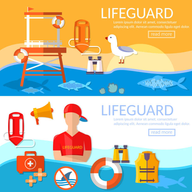 ilustrações, clipart, desenhos animados e ícones de salva-vidas bandeiras obra de um profissional salva-vidas na praia - life belt nautical vessel life jacket buoy